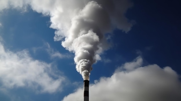 grijze rook uit industriële schoorsteen in een blauwe bewolkte hemel