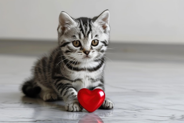 Foto grijze tabby kat met rood hart op marmeren vloer valentijnsdag liefde