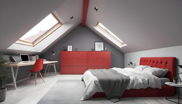 Grijze zolder slaapkamer met rood kingsize bed en thuis kantoor Elegant Rooflights mockup