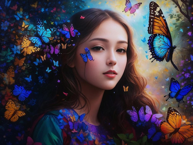 A gril colorful butterflies against a serene