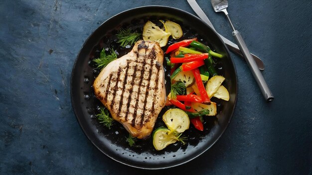 Photo griled chicken breast steak with vegetable