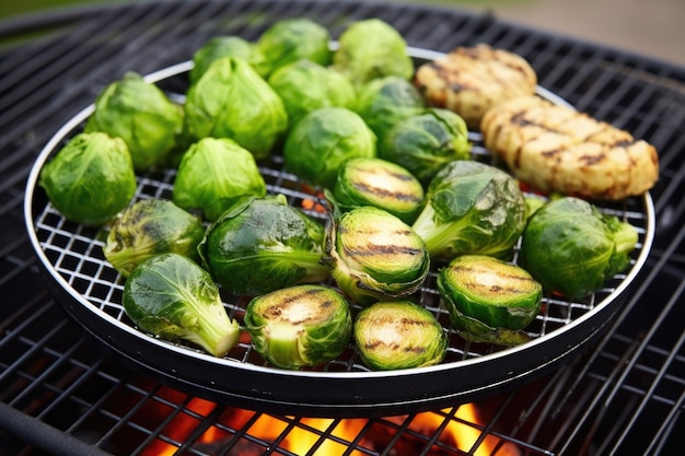 Grill basket filled with brussels sprouts over charcoal