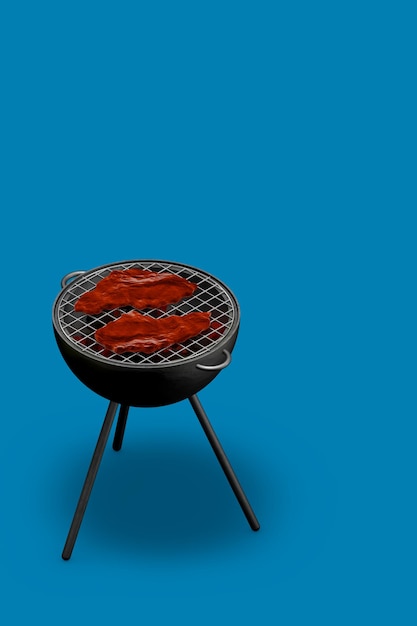 Grill on a blue background with two juicy steaks. 3D illustration, 3D rendering