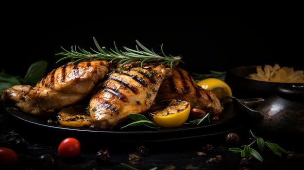 Grill Chicken On Black Plate With Lemons And Rosemary