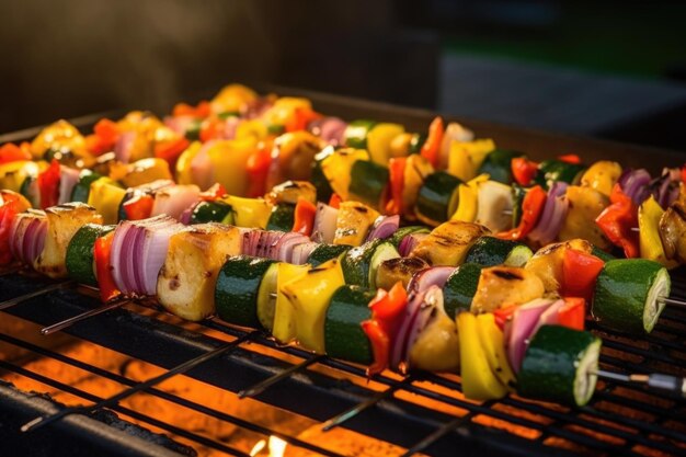 Grill light shining on veggie skewers on the bbq