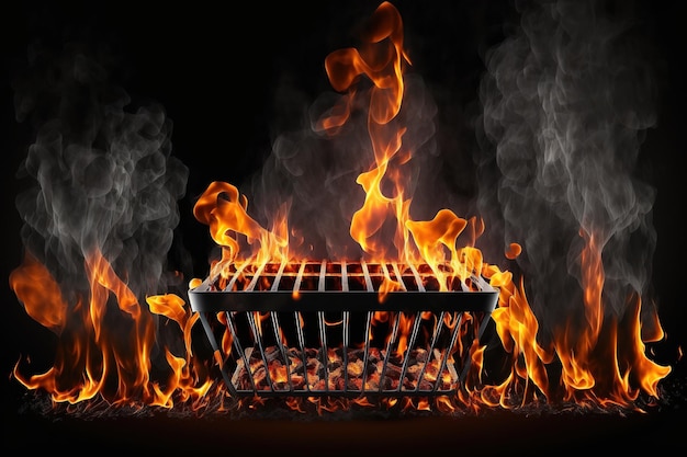 Grill Met Vuur Geïsoleerd Tegen Zwarte Achtergrond Geïsoleerde Bbq Vlammende Houtskoolgrill Barbecuegrill Gemaakt Van Gietijzer Dat Heet Is En Schitterende Vlammen Brede Banner Van Een Abstracte Panoramische Gril