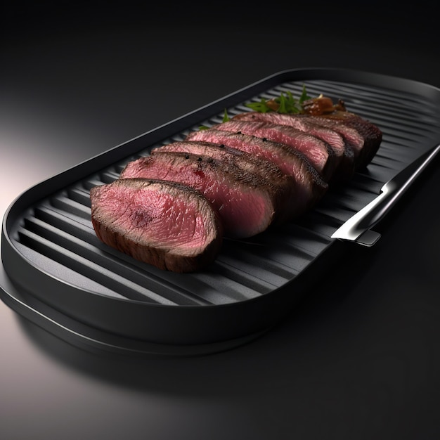 A grill pan with a steak on it and a knife on the side.