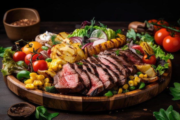 Grill plate with juicy grilled beef and assortment of colorful vegetables