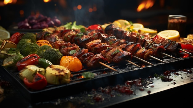 a grill topped with lots of skewers of food