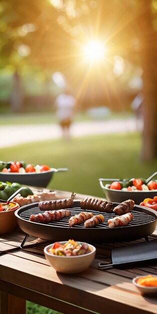 その上に食べ物の群れがあり背景に人がいるグリル