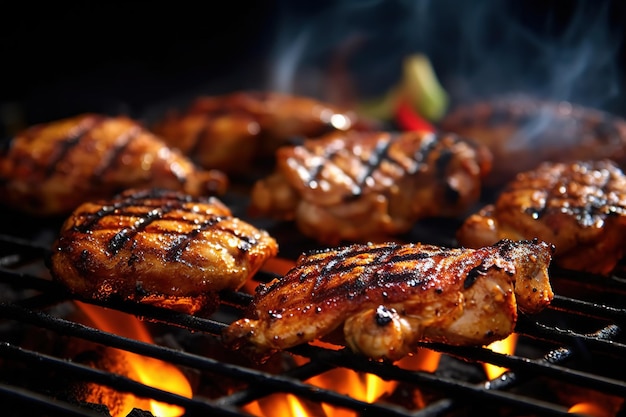 A grill with chicken on it and flames in the background