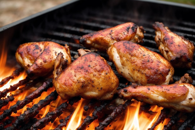 A grill with chicken on it and flames on the grill