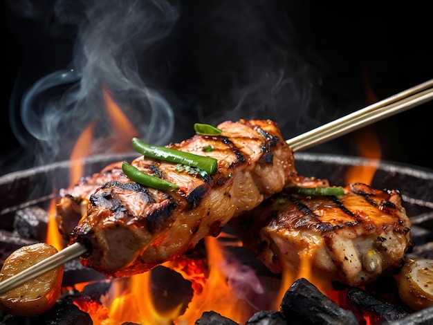 Photo a grill with chicken kabab and vegetables cooking on it