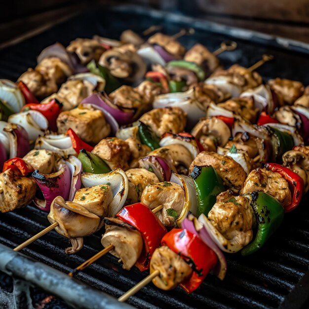 A grill with a chicken skewer and green peppers on it.