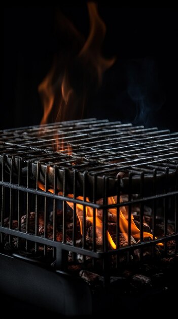 A grill with a fire in the background