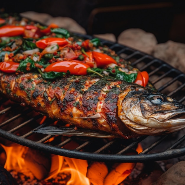 A grill with a fish on it and the grill is covered in vegetables.