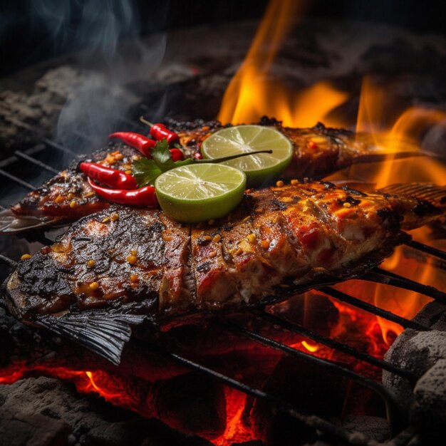 A grill with fish on it and limes on it