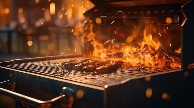 Foto una griglia con fiamme e carne sopra