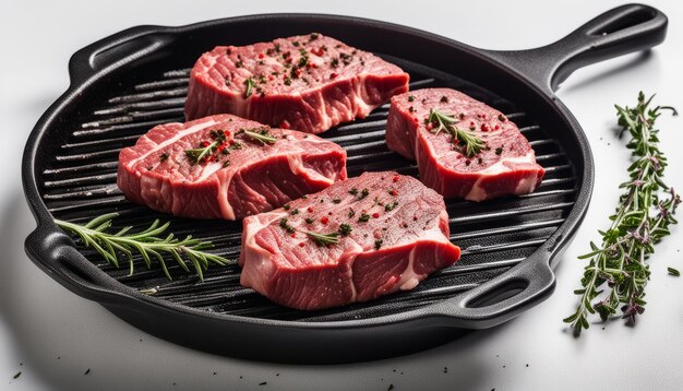 A grill with four pieces of meat and herbs