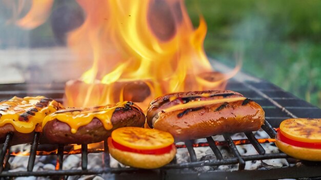 a grill with hot dogs and hot dogs cooking on it