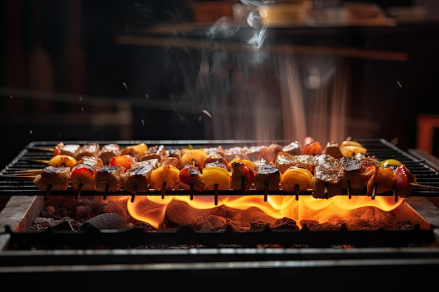 Grill with intense flames ready to cook juicy and flavorful shishkabob