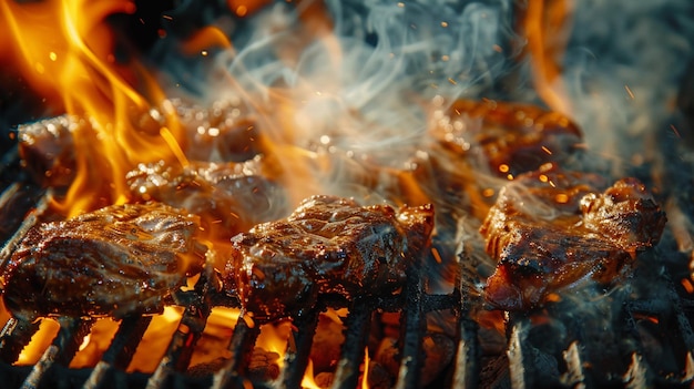 Foto una griglia con carne e fiamme che è in fiamme