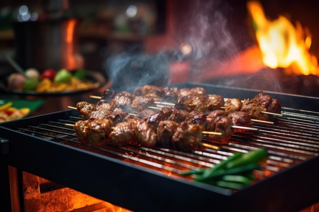 A grill with meat on it and a fire in the background