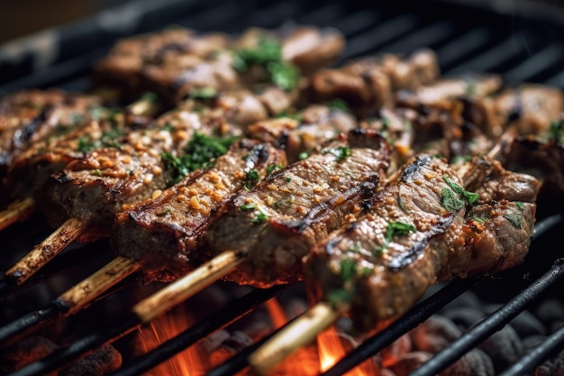 A grill with meat on it and the grill is open to the fire.