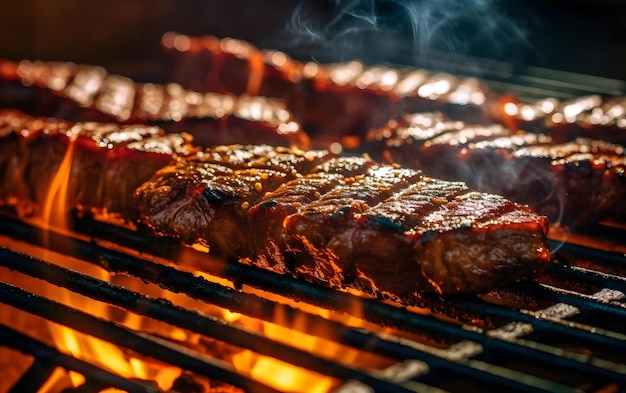 A grill with meat on it and smoke coming out of it