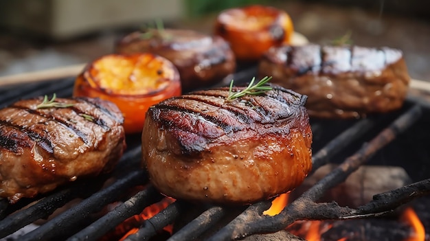 A grill with meat on it and a sprig of rosemary on the grill