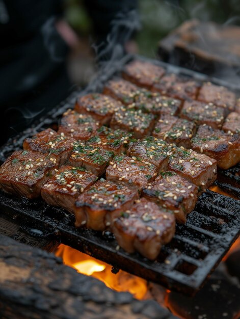 Photo a grill with meat and spices on it and a fire