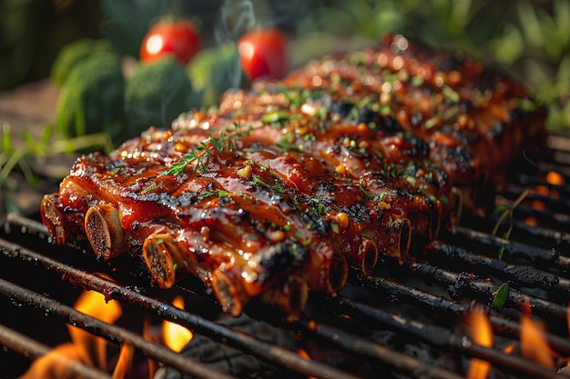 Photo a grill with meat and vegetables cooking on it