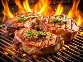 Photo a grill with meat and vegetables on it and a fire behind it