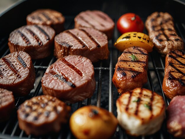 Foto una griglia con carne e verdure