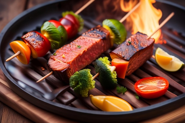 A grill with meat and vegetables on it