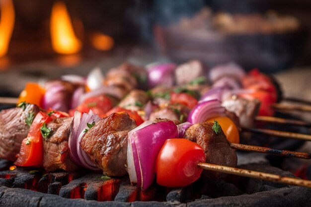 A grill with meat and vegetables on it