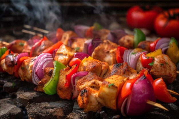 A grill with meat and vegetables on it