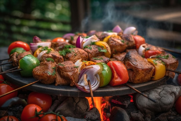 A grill with meat and vegetables on it