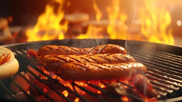 A grill with sausages on it and fire in the background