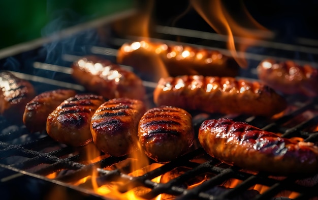 A grill with sausages on it and flames in the background