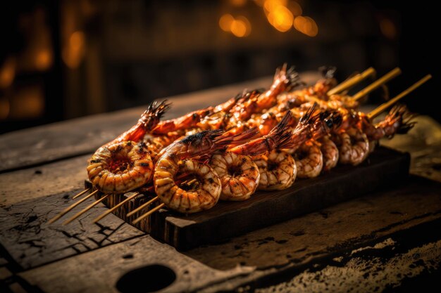 A grill with shrimps on it and a fire in the background