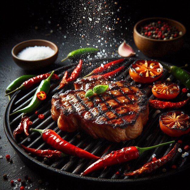 Photo a grill with a steak and vegetables on it