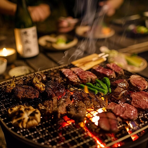 Photo a grill with steaks and a bottle of wine on it