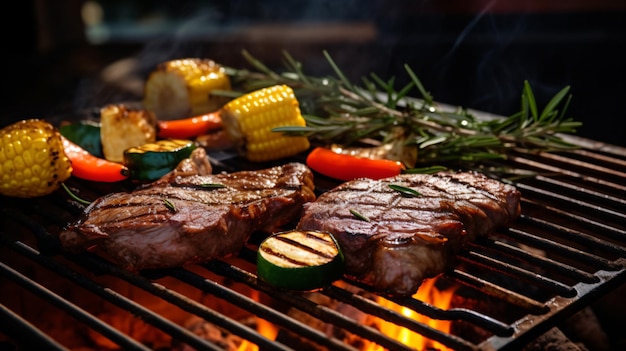 a grill with steaks corn and vegetables on it