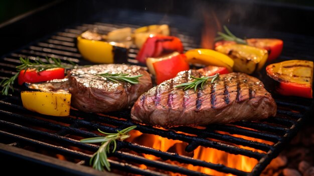 a grill with steaks and vegetables cooking on it