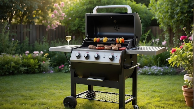 Grill with steaks and vegetables in garden