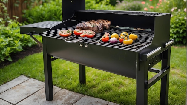 Grill with steaks and vegetables in garden