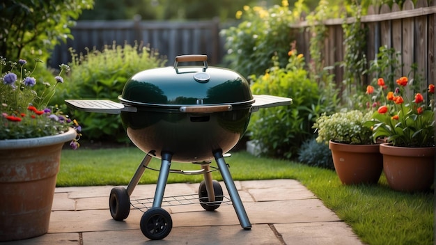 Grill with steaks and vegetables in garden