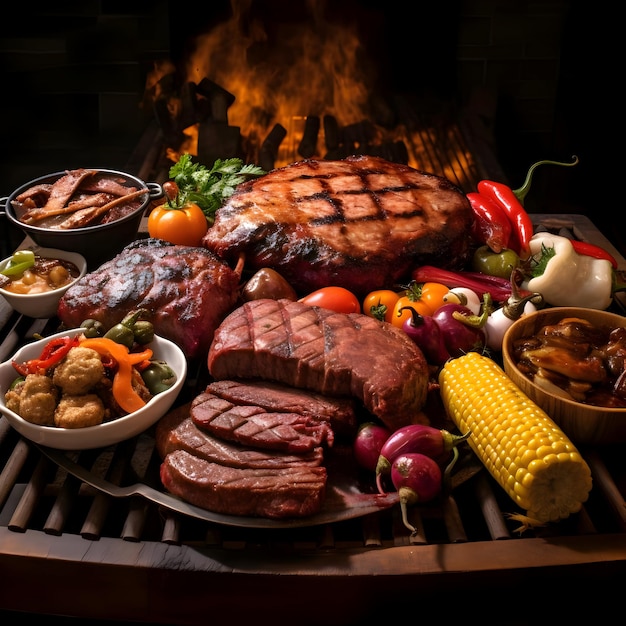 A grill with a variety of meats on it and a variety of vegetables High quality