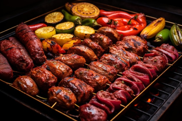 A grill with a variety of meats on it
